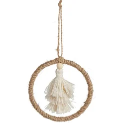 Décoration pompon dans cercle à suspendre beige Ø10cm