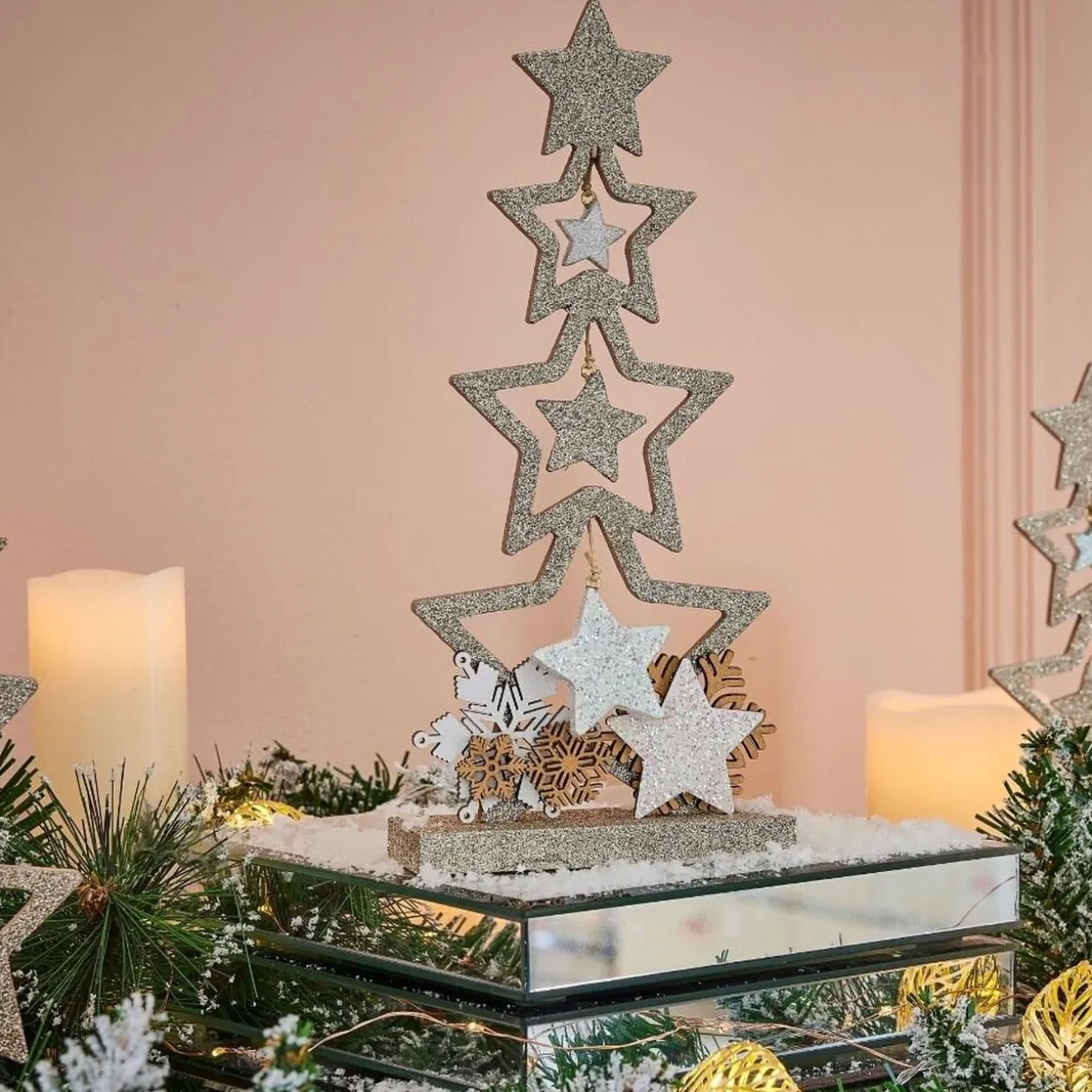 Décoration sapin en bois forme étoile pailleté doré 12xH26cm