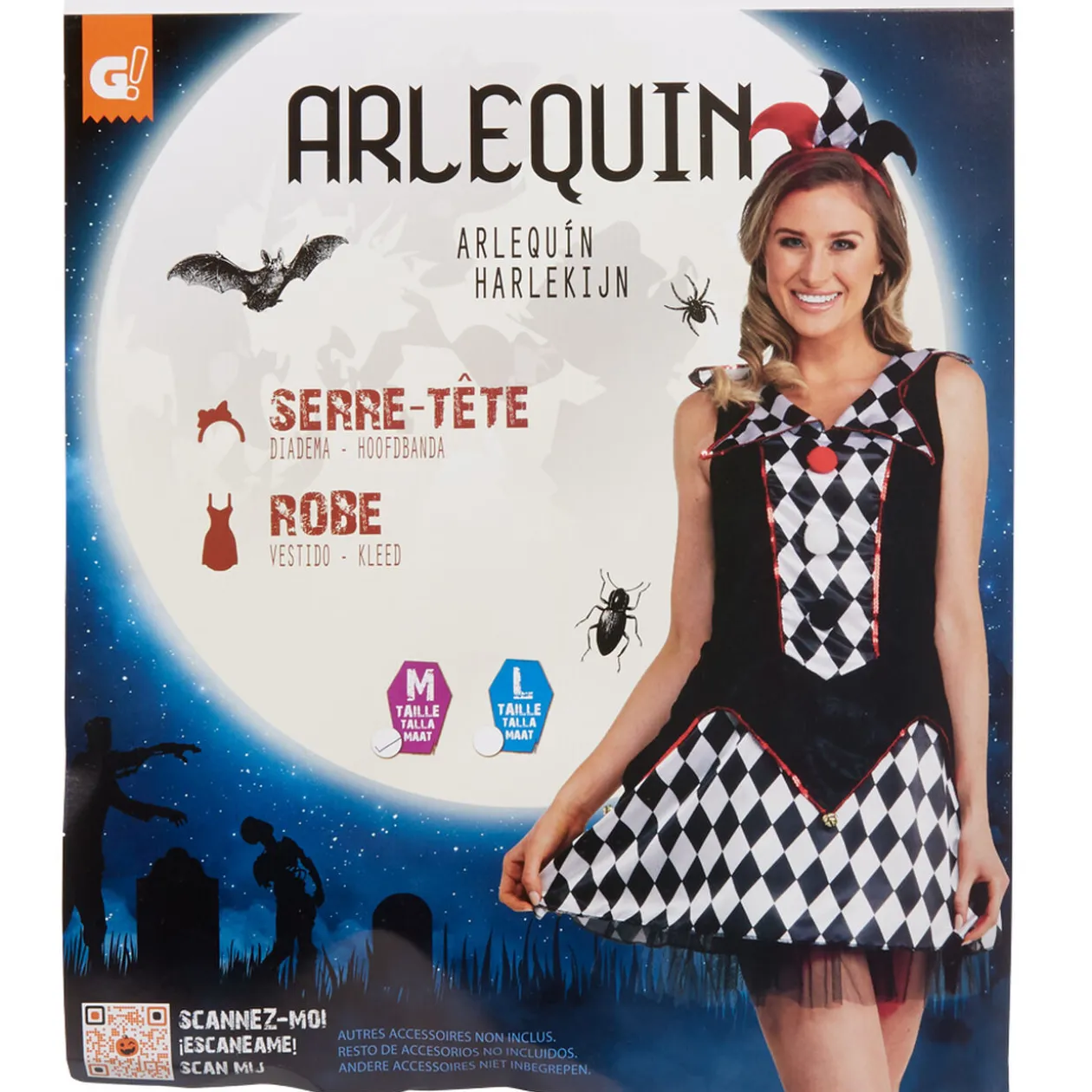 Déguisement adulte femme arlequin avec serre-tête Taille M