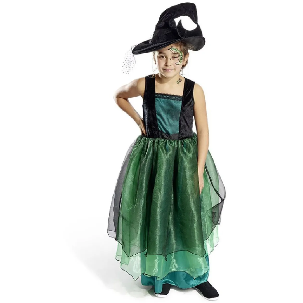 Déguisement enfant Halloween sorcière robe chapeau noir vert 11/14ans