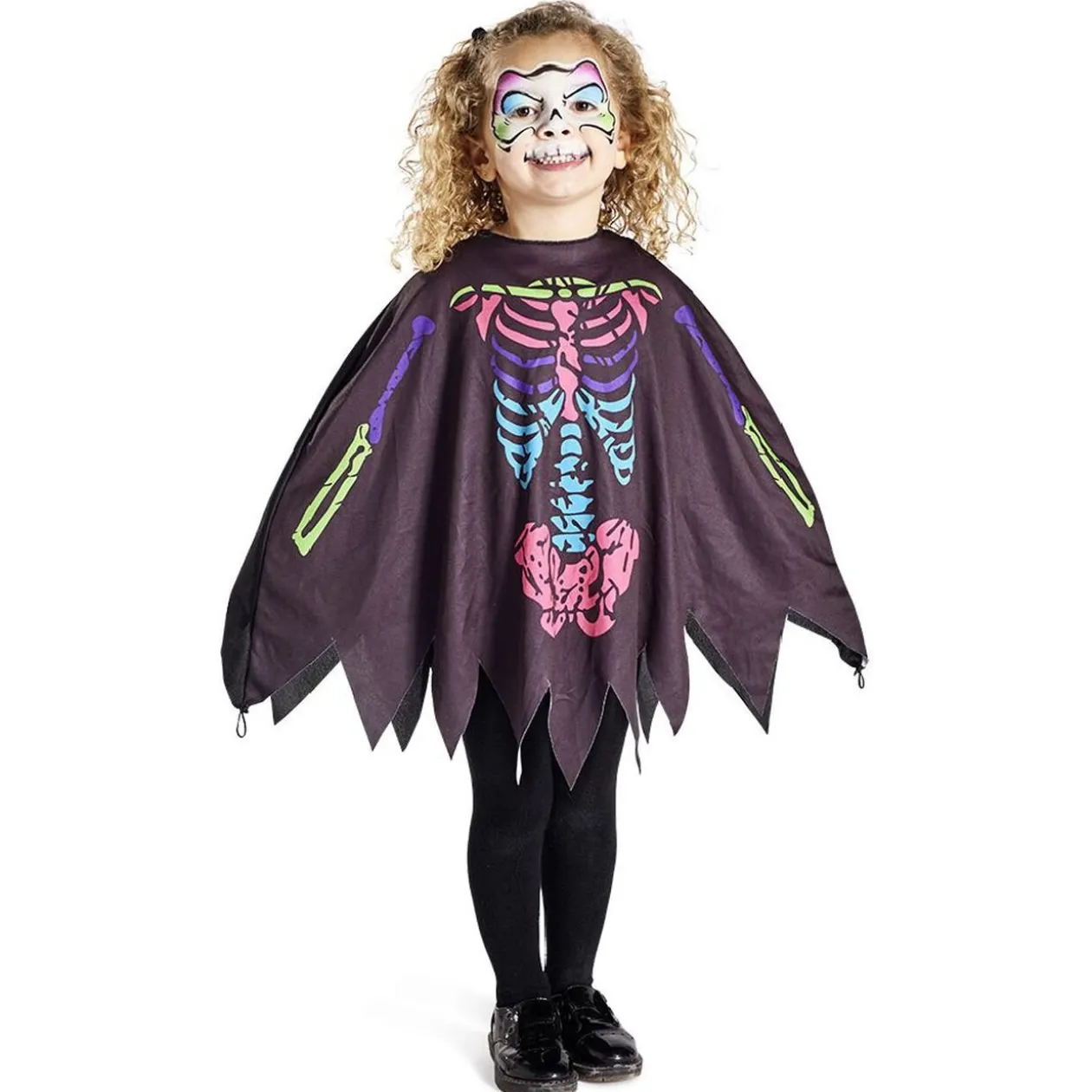 Déguisement enfant Halloween squelette poncho noir multicolore TU