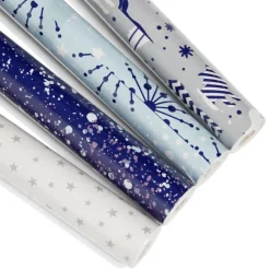 Ensemble papier cadeau Noël 2m x4 avec noeud x7 ruban x3 argenté bleu