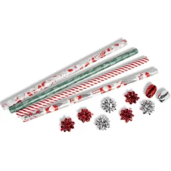 Ensemble papier cadeau Noël 2m x4 avec noeud x7 ruban x2 argenté et rouge