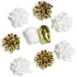 Ensemble papier cadeau Noël 2m x4 avec noeud x7 ruban x3 doré et blanc