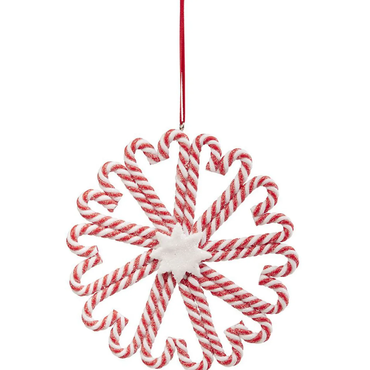 Flocon à suspendre sucre d'orge pailleté rouge et blanc Ø12 cm