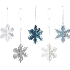 Flocon de Noël pailleté argenté blanc et bleu à suspendre Ø10cm x5