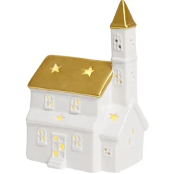 Église lumineuse déco Noël 1LED céramique blanc et doré H19cm