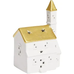 Église lumineuse déco Noël 1LED céramique blanc et doré H19cm