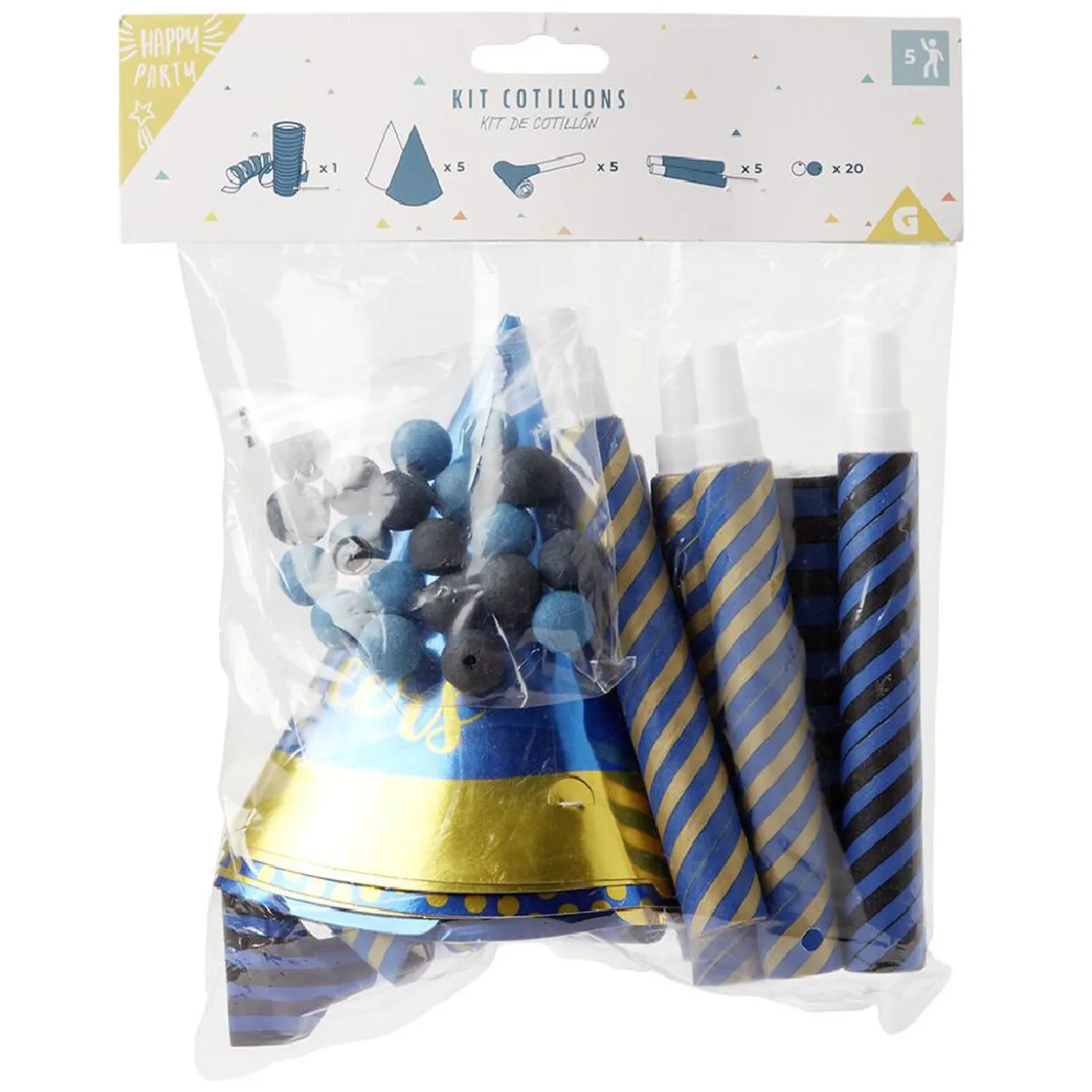 Kit de cotillons festifs bleu et doré 5 personnes 25 pièces