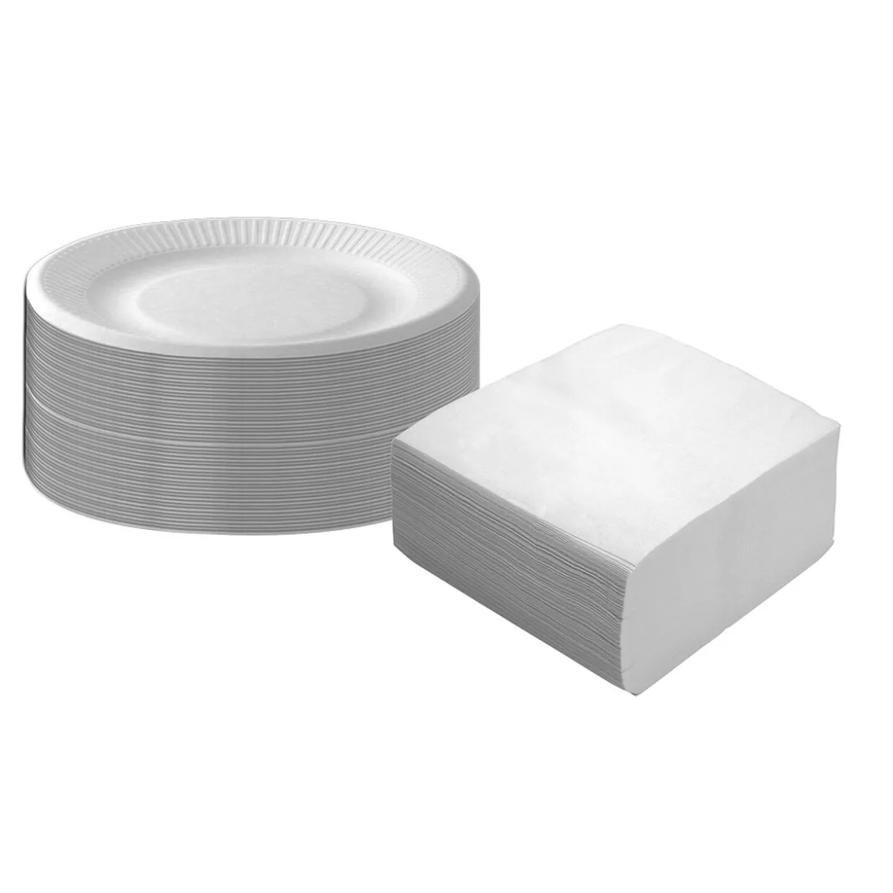 Lot de 100 serviettes papier et 50 assiettes en carton blanc