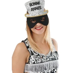 Loup de fête pour adulte avec chapeau Bonne Année à paillettes
