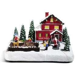 Maison du Père Noël lumineuse avec lutin et renne 13 LED en résine