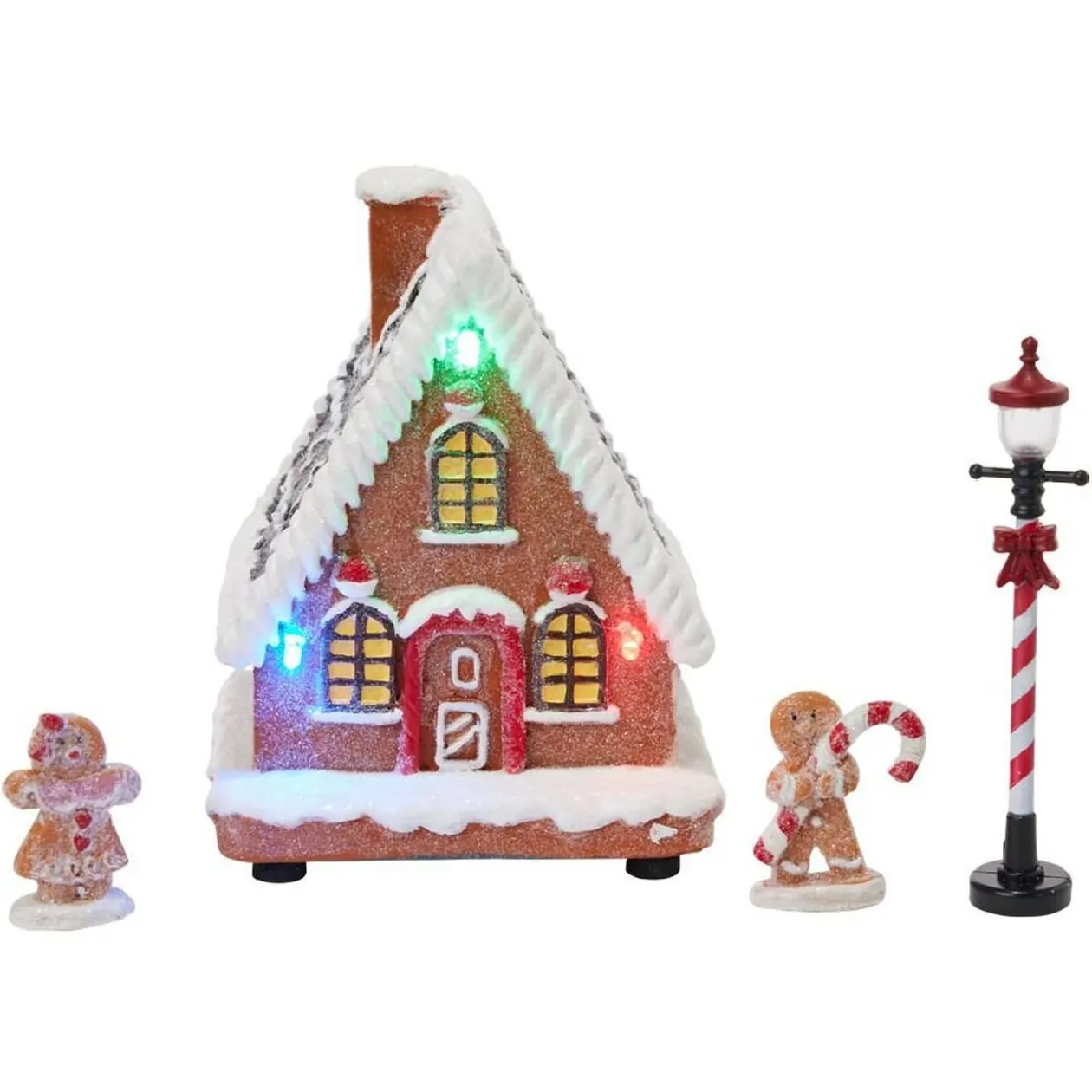 Maison lumineuse de Noël design pain d'épices avec 3 figurines