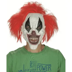 Masque adulte Halloween clown latex blanc avec cheveux rouges