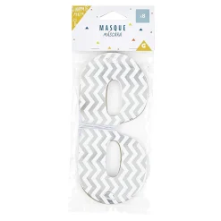 Masque de fête motif zig zag noir, blanc et argenté en carton x 8
