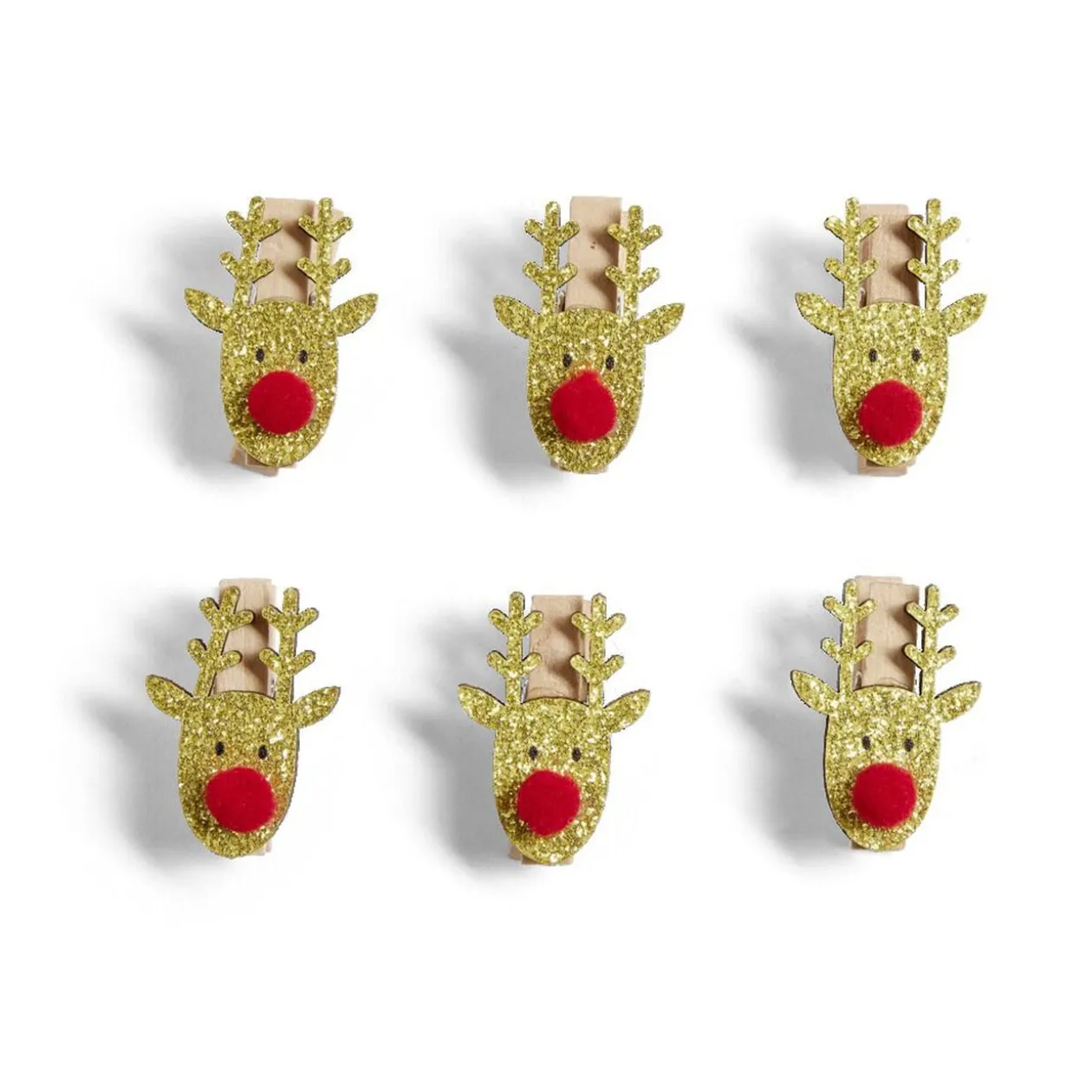 Mini pince en bois forme tête de renne rouge et dorée 6 pièces