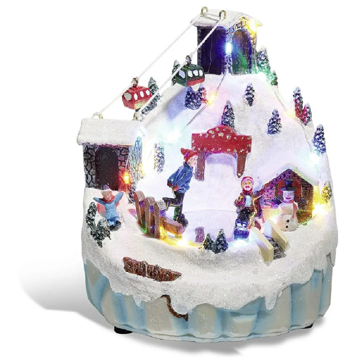 Montagne enneigée lumineuse luge bonhomme de neige 16 LED en résine