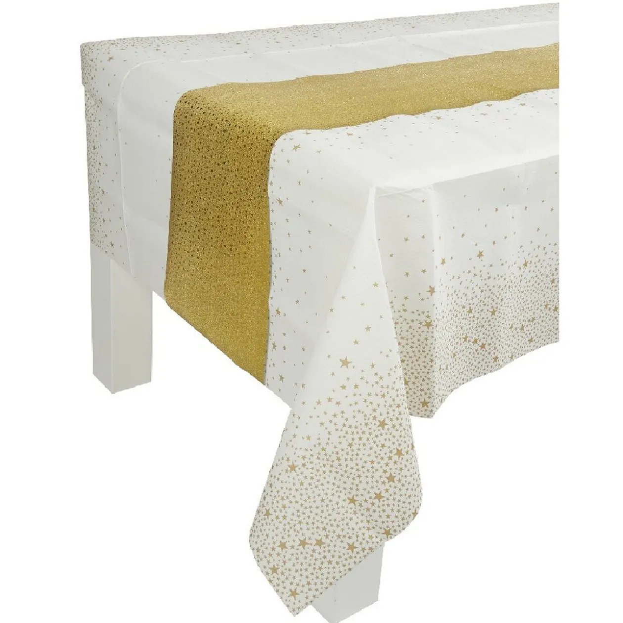 Nappe de Noël pliée blanche motif étoiles dorées