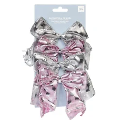 Noeud de Noël ruban argenté rose et gris x4