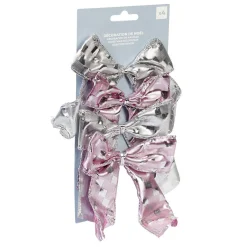 Noeud de Noël ruban argenté rose et gris x4