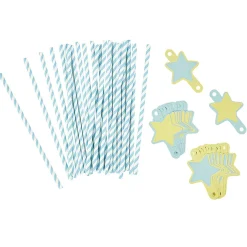 Paille bleu et étiquette étoile en papier x 24