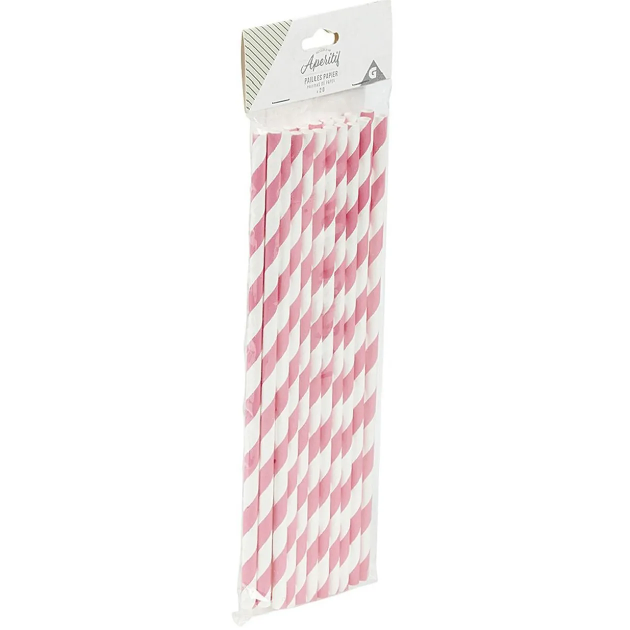 Paille en papier motif chevron blanc rose x20
