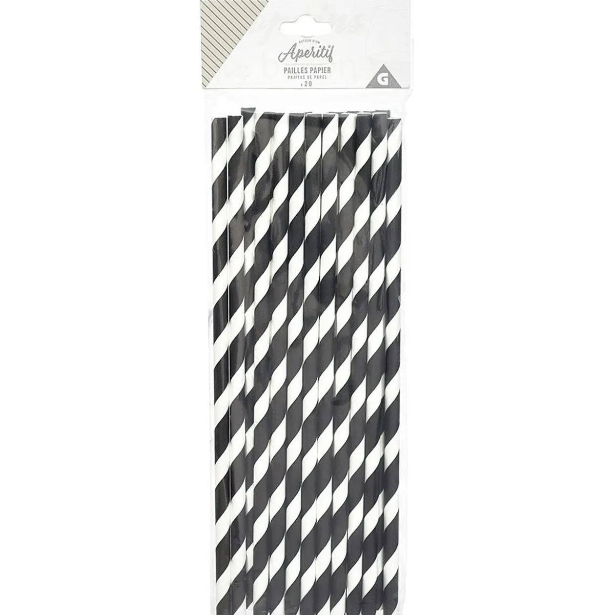 Paille jetable en papier motif chevron blanc et noir x20