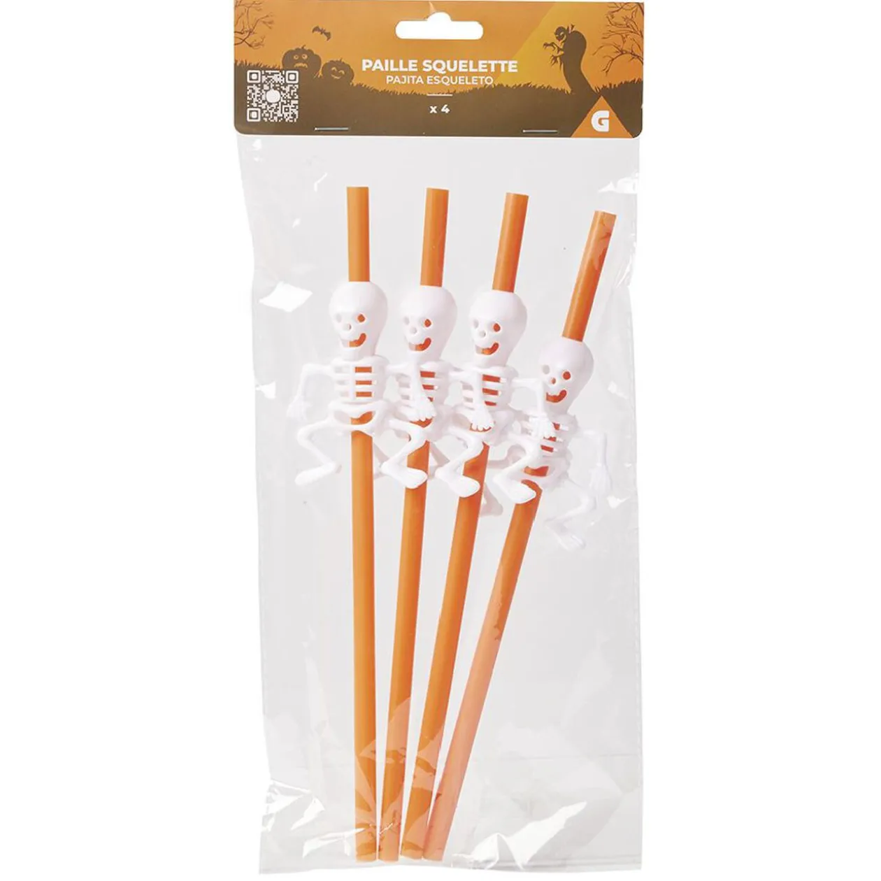 Paille plastique Halloween fantaisie squelette x4
