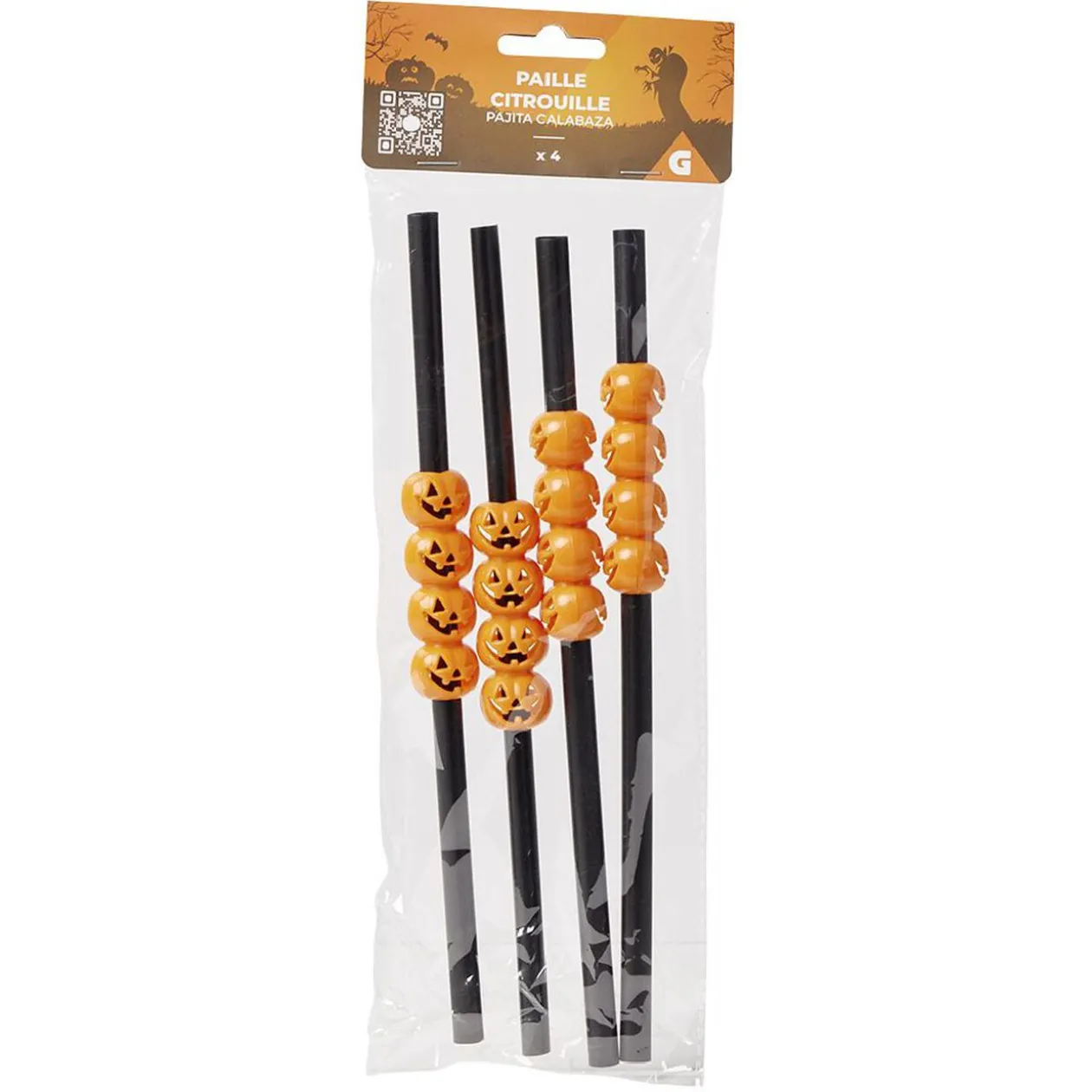 Paille plastique Halloween fantaisie citrouille x4