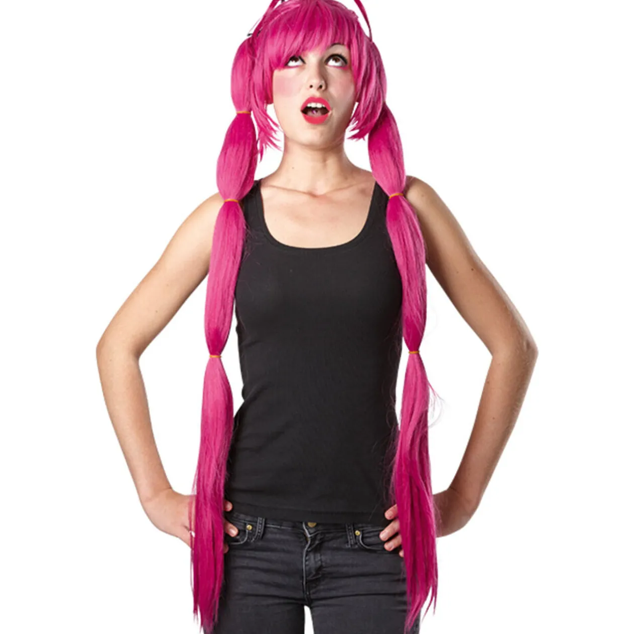 Perruque longue femme manga rose