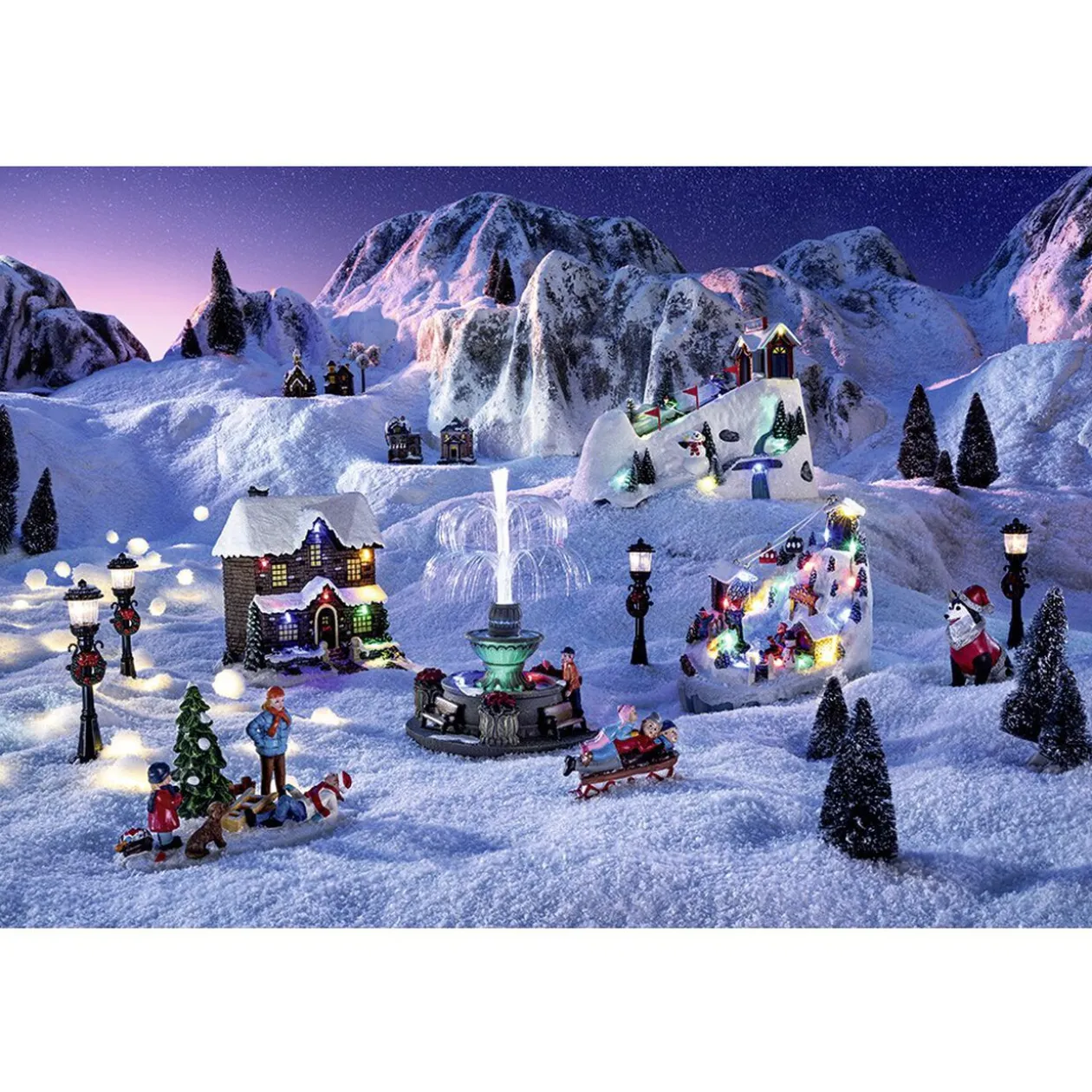 Personnage village de Noël adulte et enfant sur luge x3