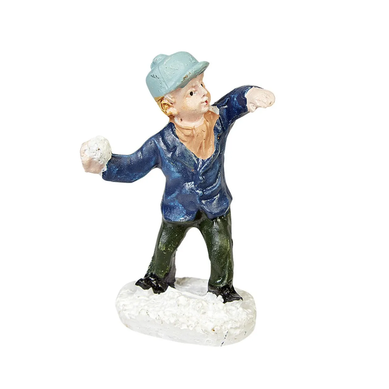 Personnage village de Noël enfant jette boule de neige