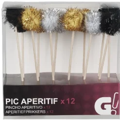 Pic à apéritif embout boule noir doré argenté x12