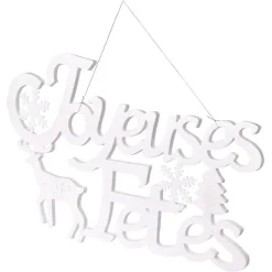 Plaque Joyeuses Fêtes à suspendre 59xH35cm blanc iridescent