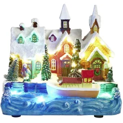 Port lumineux avec bâteau fleuve et habitations Village de Noël