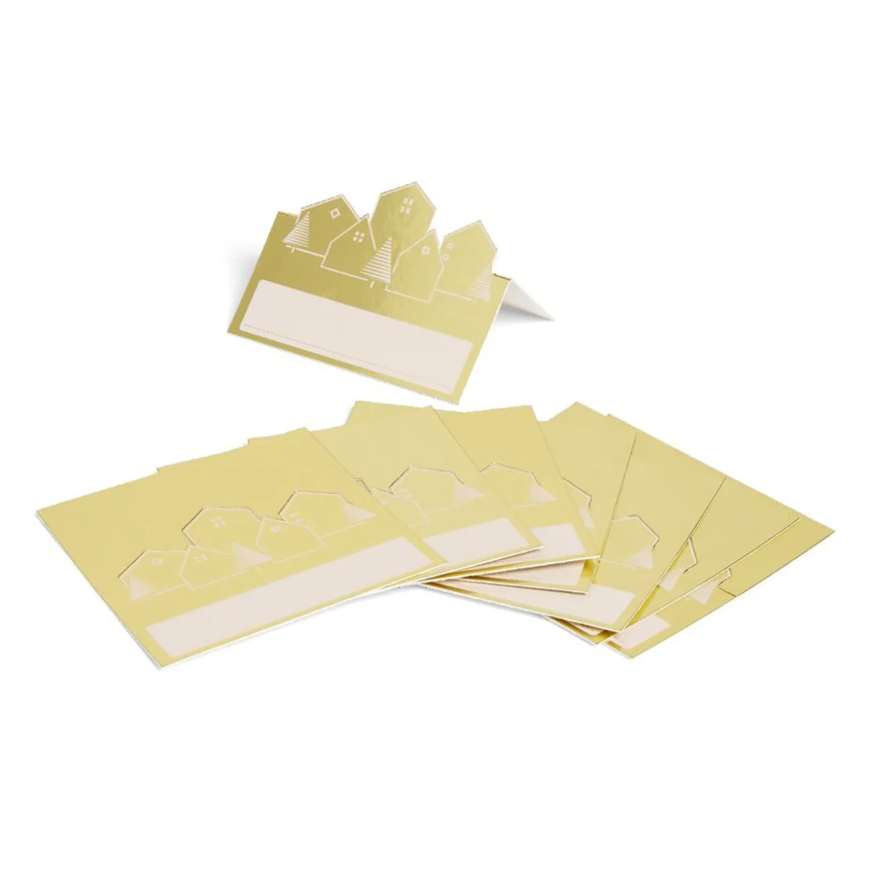 Porte nom Noël en papier doré motifs sapins et maisons 8 pièces