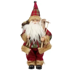 Père Noël à poser avec ski bâton et hotte rouge et blanc