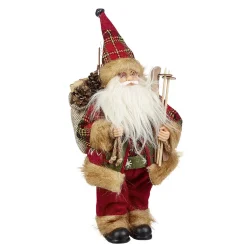 Père Noël à poser avec ski bâton et hotte rouge et blanc