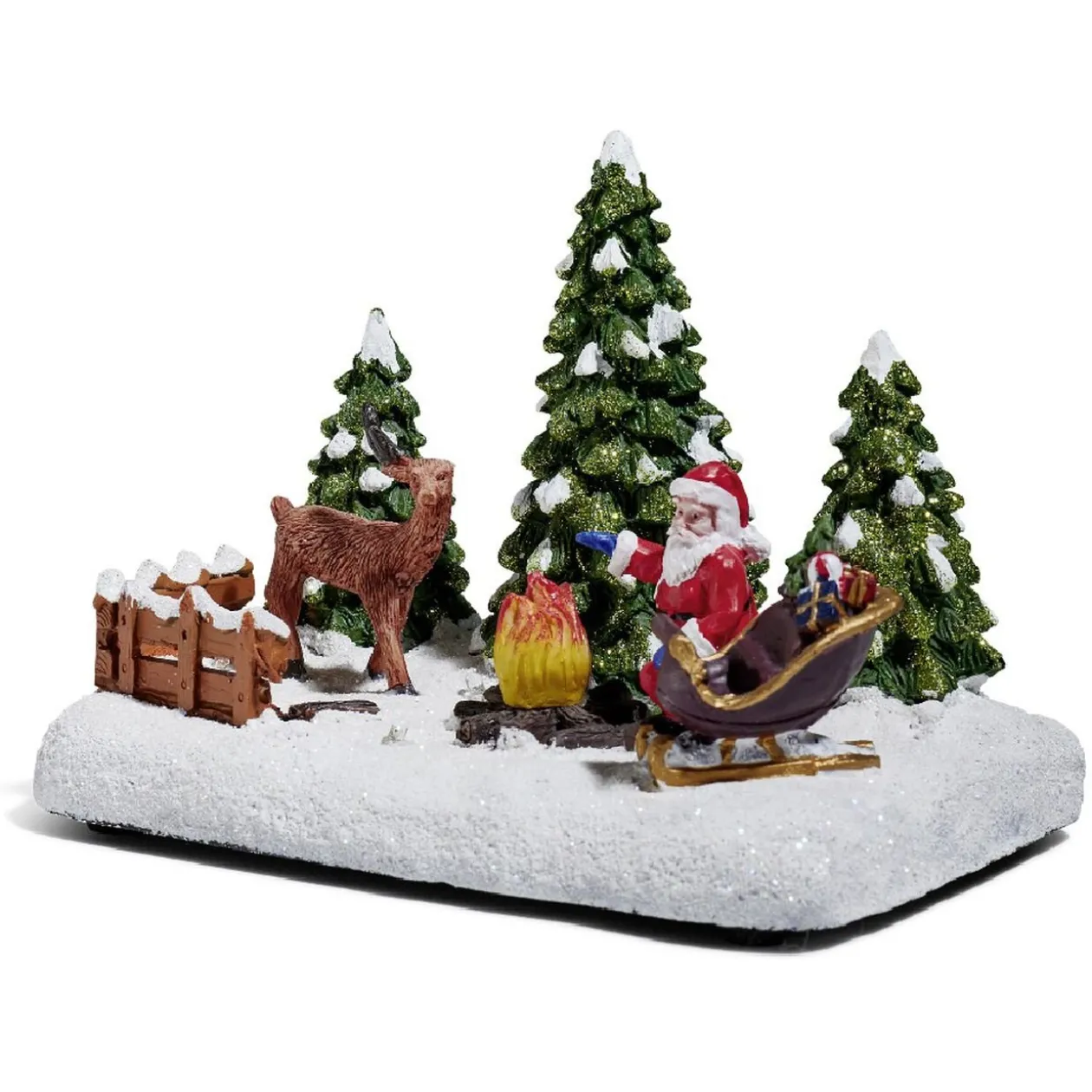 Père Noël et renne lumineux feu de bois sur la neige 4 LED en résine
