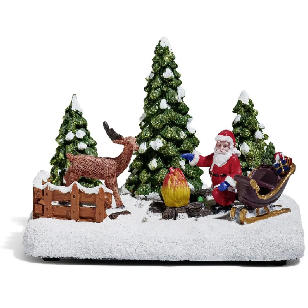 Père Noël et renne lumineux feu de bois sur la neige 4 LED en résine