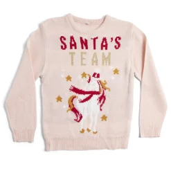 Pull de Noël enfant Santa's Team licorne rose