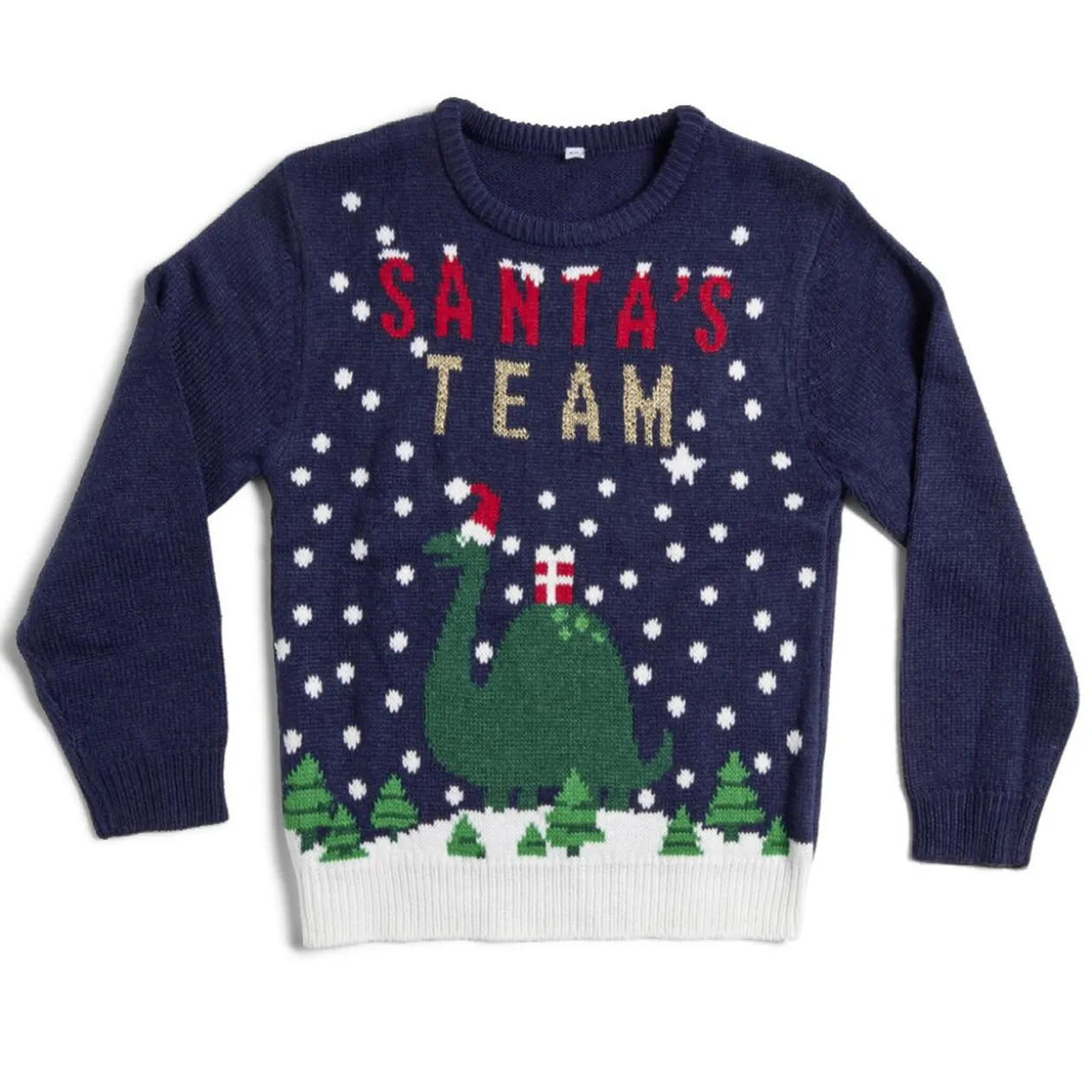 Pull de Noël enfant Santa's Team dinosaure bleu marine