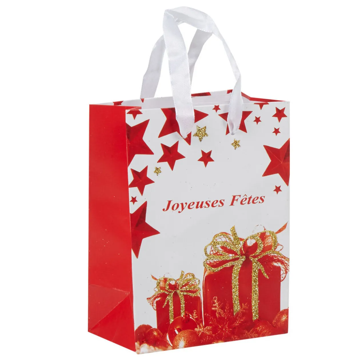 Sac cadeau Joyeuses fêtes rouge et blanc h.14,6 cm