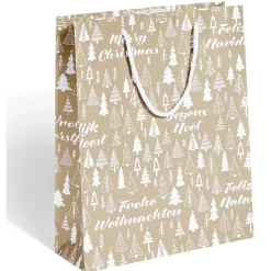 Sac cadeau Noël motif sapin ou uni doré pailleté - Taille M
