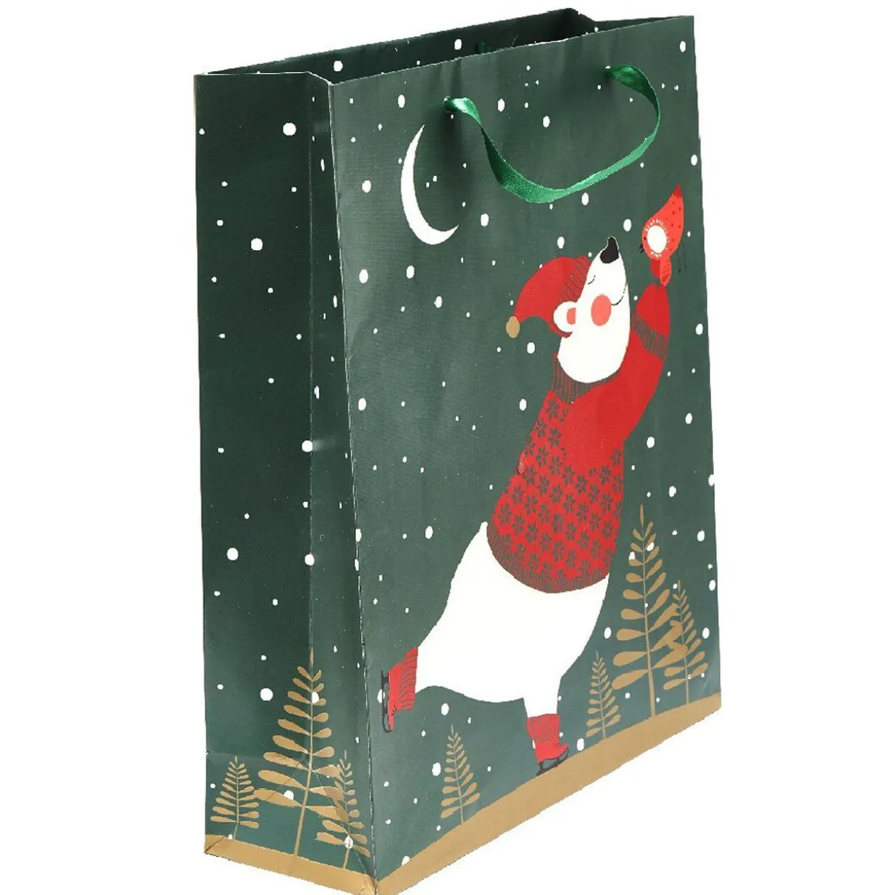 Sac cadeau vert design ours blanc et rouge petit modèle