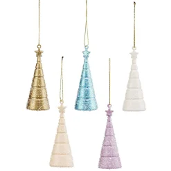Sapin cône multicolore à suspendre finition givrée H.11 cm x5