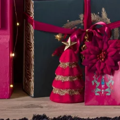 Sapin velours rouge et pailleté doré à poser Ø10,5xH19cm