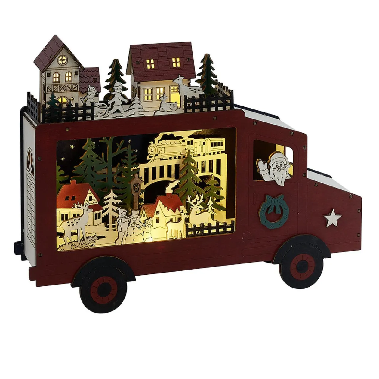 Scène lumineuse Bus de Noël en bois 24LED blanc chaud 32x7,2xH24cm