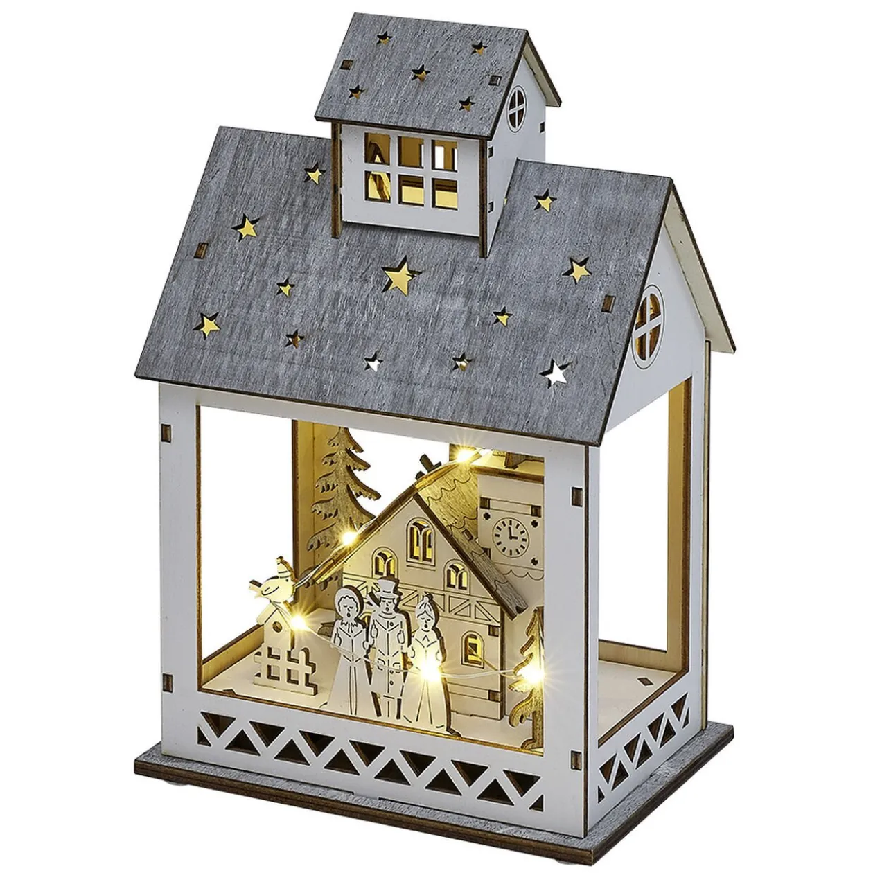 Scène lumineuse maison de Noël en bois 8LED blanc chaud 16,5x12xH24,5cm