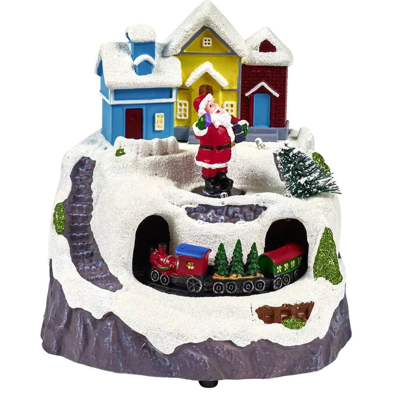 Scène village de Noël lumineuse avec train animé